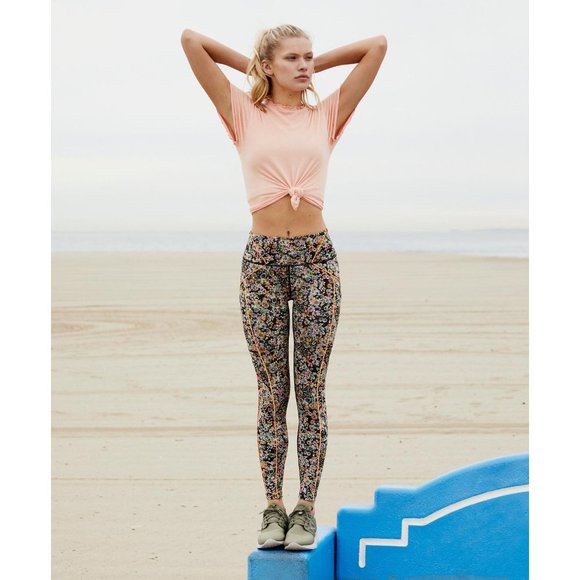 Free People Pants - FP Movement black neon orange floral mid rise Eden pocket ankle cropped leggings